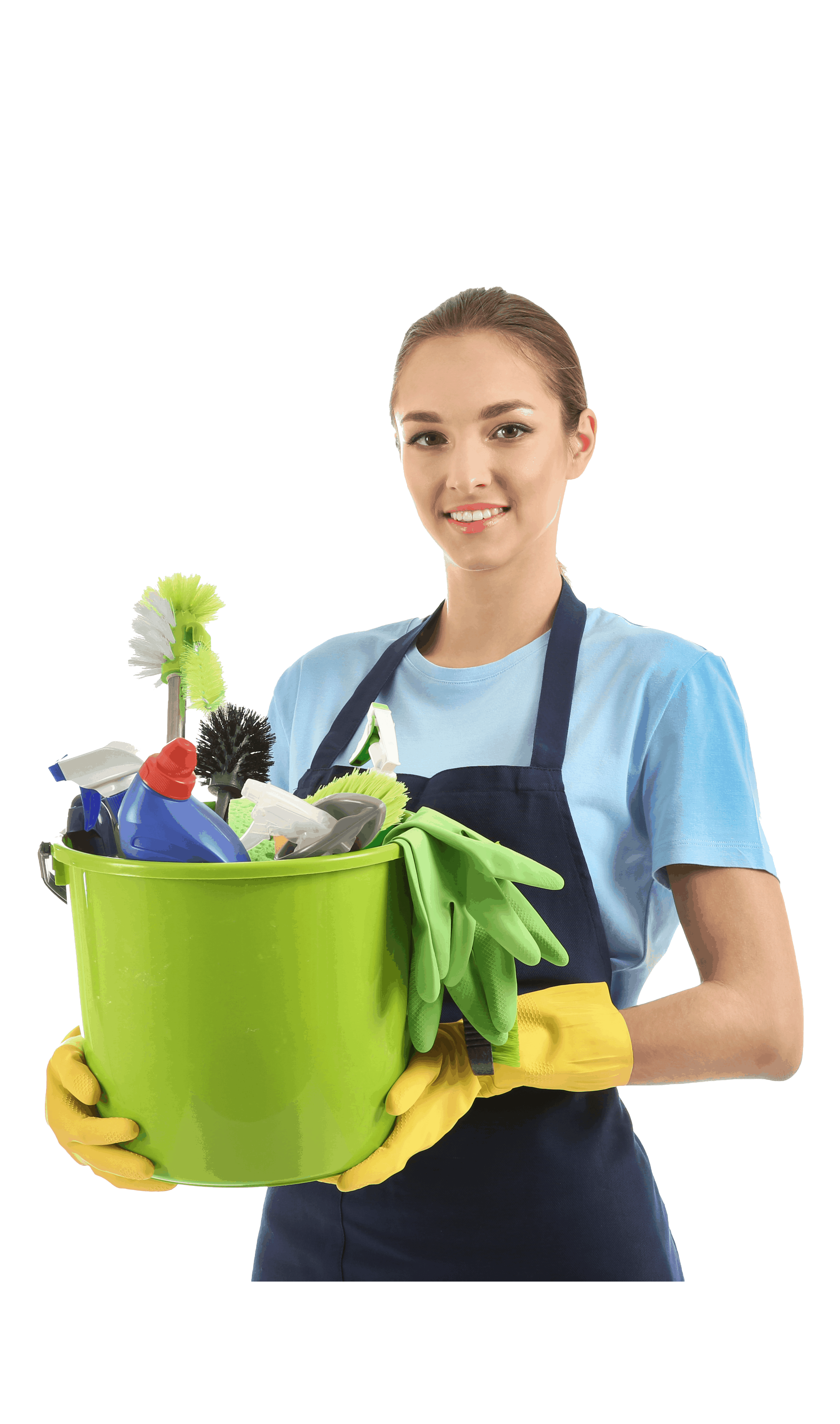 woman with bucket of cleaning supplies